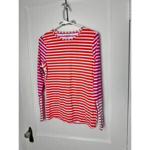 Lands' End Orange Pink Striped Crewneck UPF Sun Shirt Long Sleeve Size Small